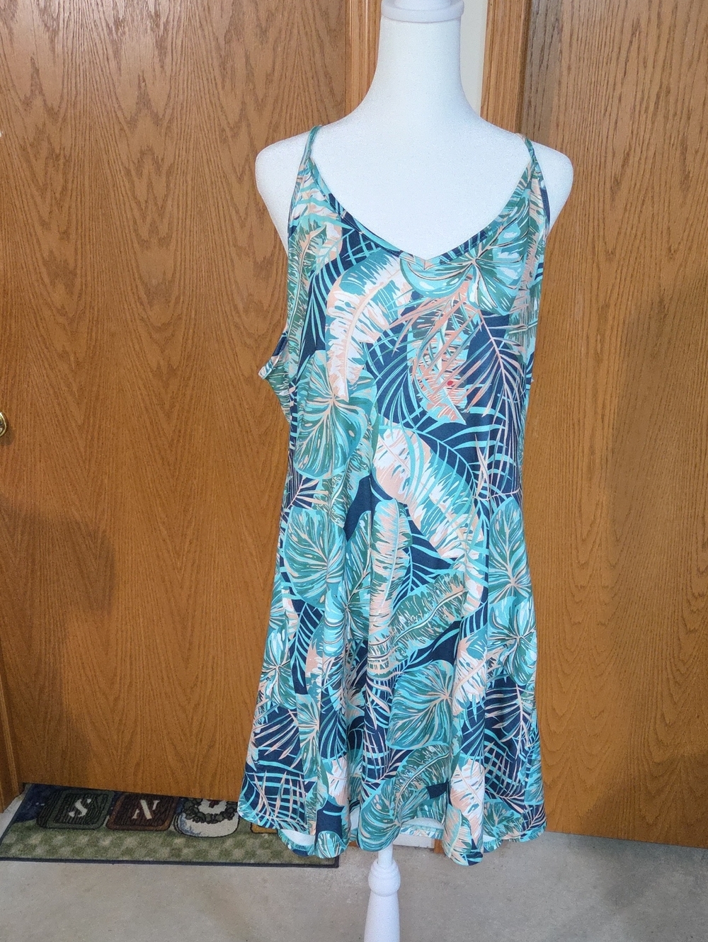 #11 Green Blue Tropical Print Spaghetti-Strap Dress